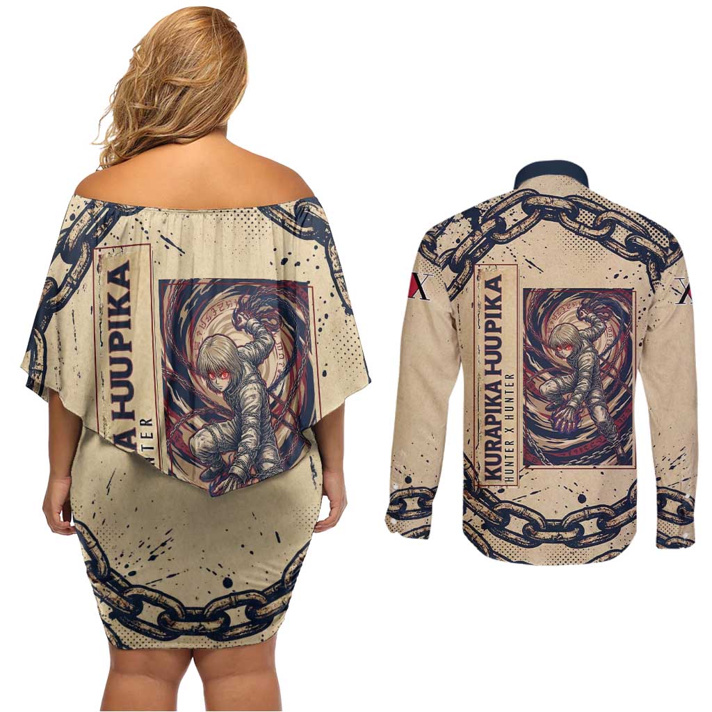 Kurapika Hunter x Hunter Chain Theme Couples Matching Off Shoulder Short Dress and Long Sleeve Button Shirt with Scarlet Eyes and Vintage Anime Artwork Design - The Mazicc