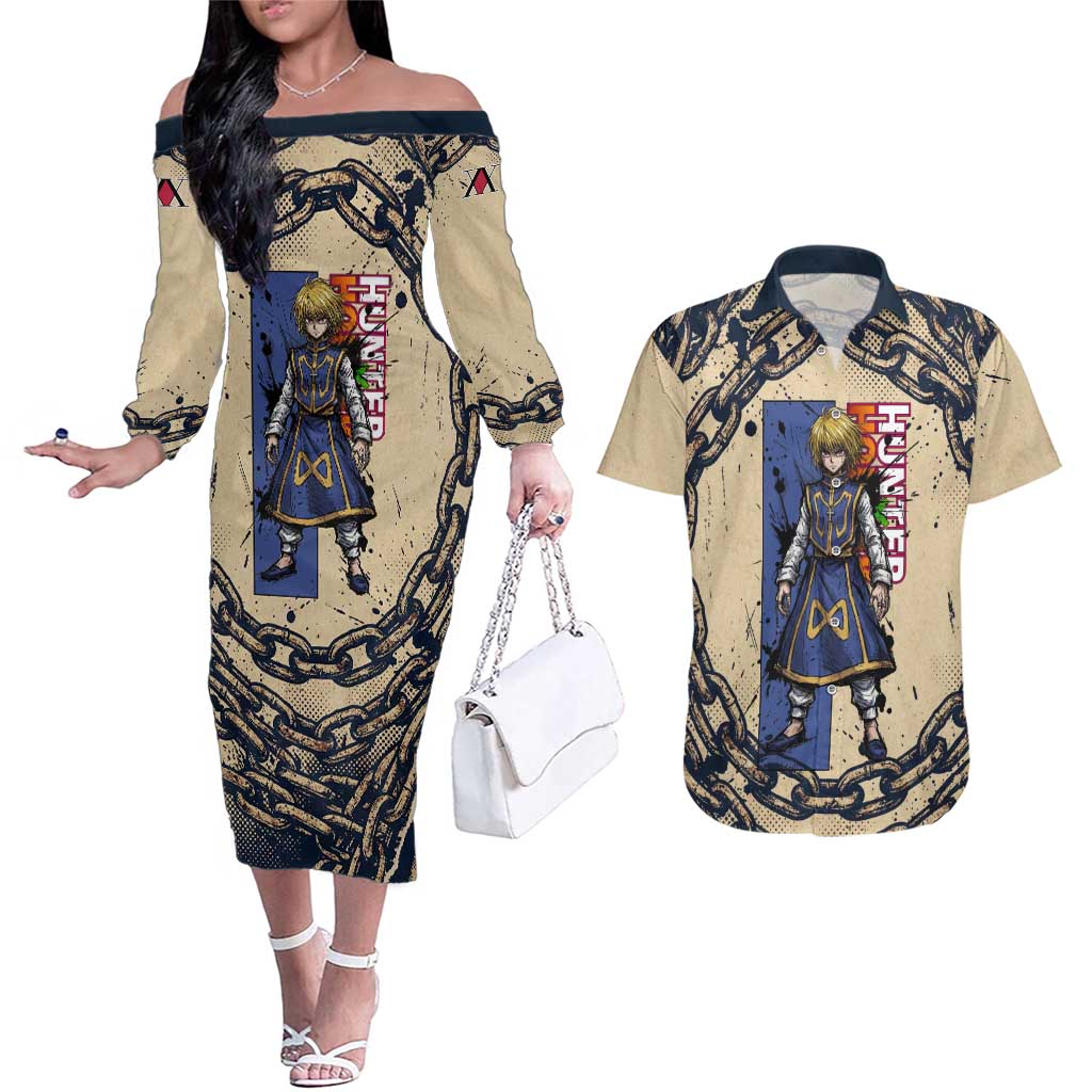 Kurapika Hunter x Hunter Chain Theme Couples Matching Off The Shoulder Long Sleeve Dress and Hawaiian Shirt with Scarlet Eyes and Vintage Anime Artwork Design - The Mazicc