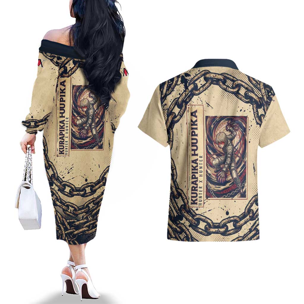 Kurapika Hunter x Hunter Chain Theme Couples Matching Off The Shoulder Long Sleeve Dress and Hawaiian Shirt with Scarlet Eyes and Vintage Anime Artwork Design - The Mazicc