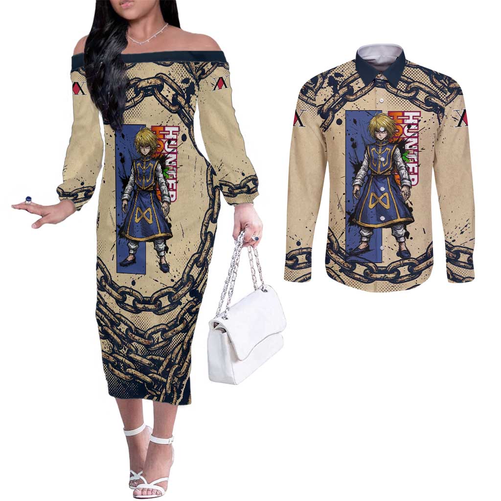 Kurapika Hunter x Hunter Chain Theme Couples Matching Off The Shoulder Long Sleeve Dress and Long Sleeve Button Shirt with Scarlet Eyes and Vintage Anime Artwork Design - The Mazicc