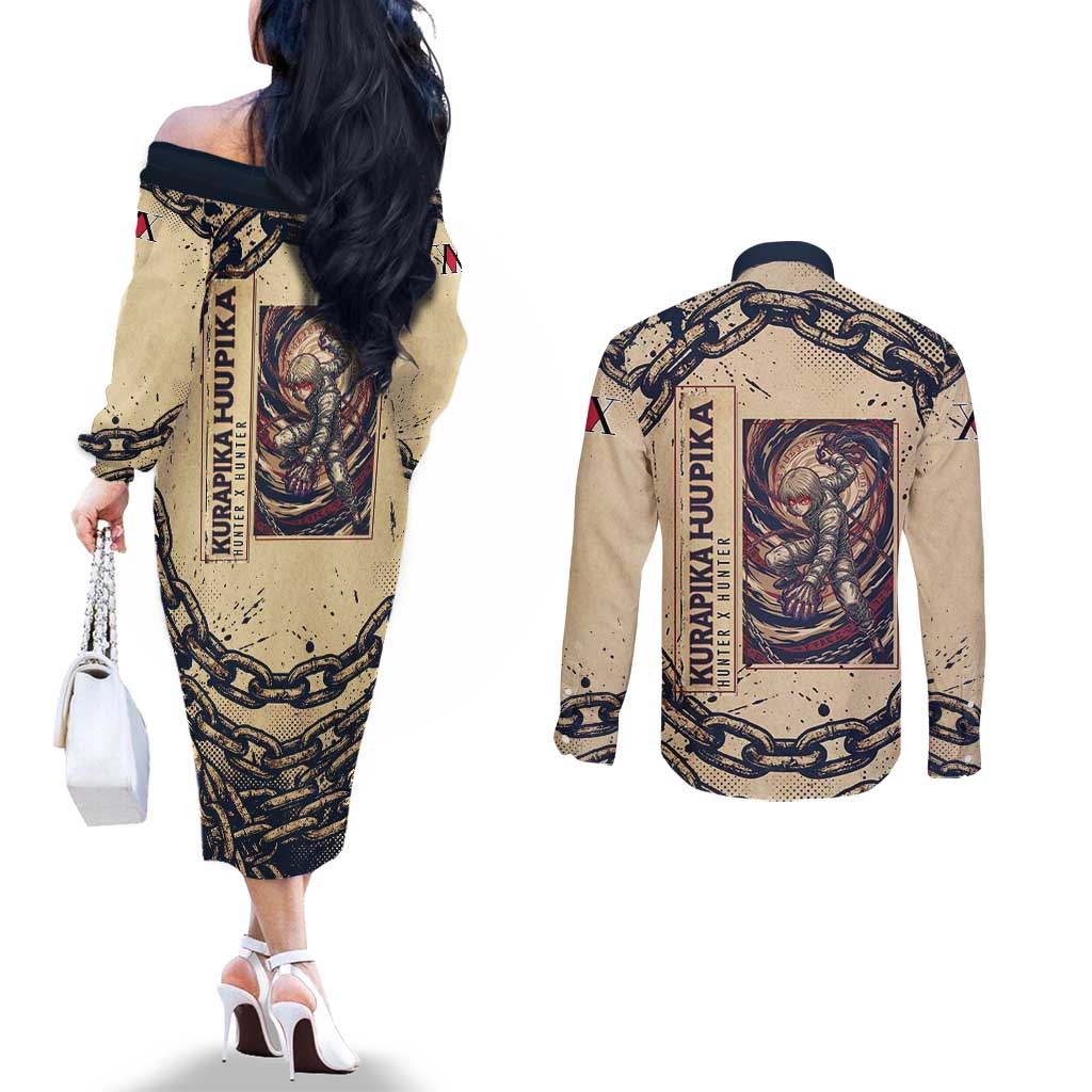 Kurapika Hunter x Hunter Chain Theme Couples Matching Off The Shoulder Long Sleeve Dress and Long Sleeve Button Shirt with Scarlet Eyes and Vintage Anime Artwork Design - The Mazicc