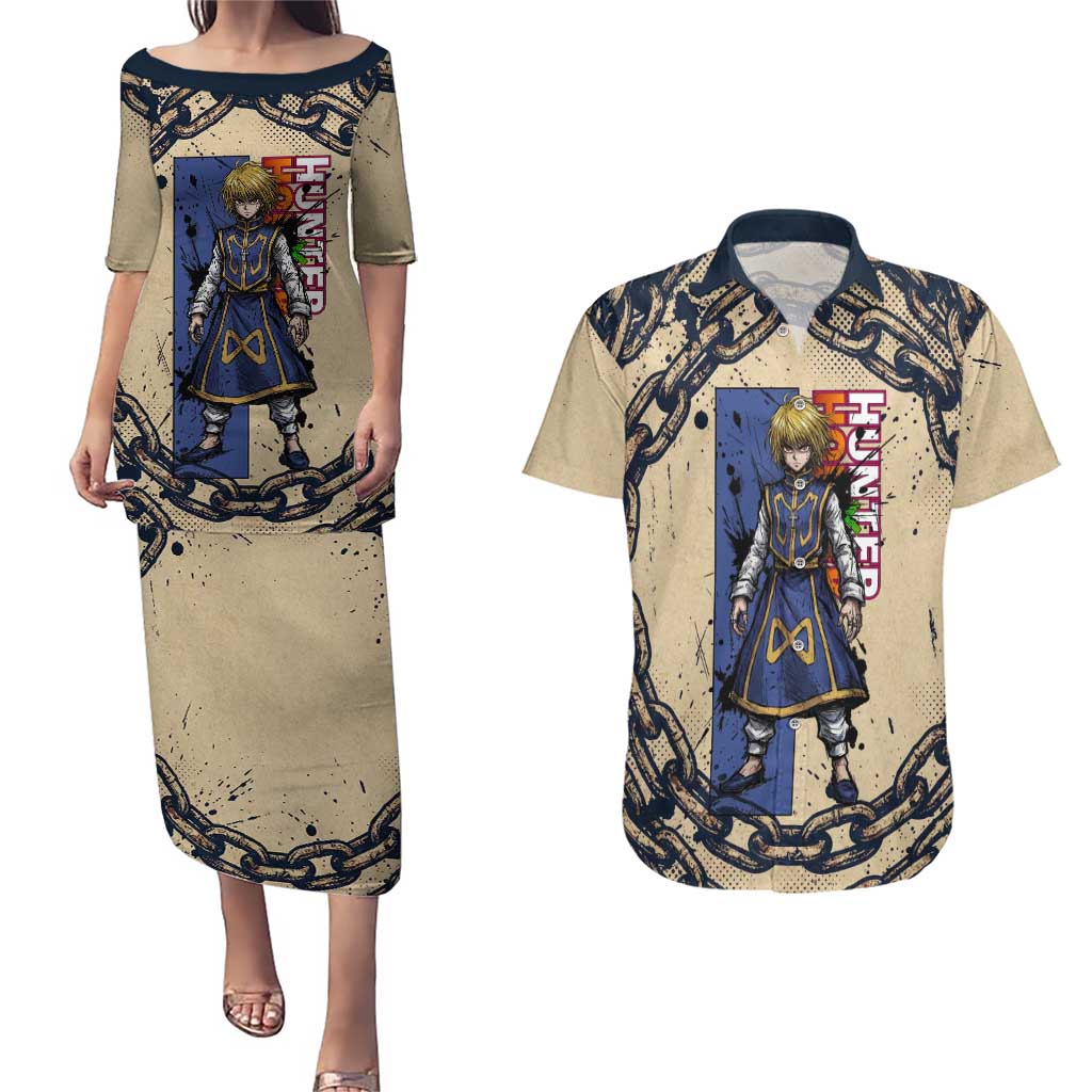 Kurapika Hunter x Hunter Chain Theme Couples Matching Puletasi and Hawaiian Shirt with Scarlet Eyes and Vintage Anime Artwork Design - The Mazicc