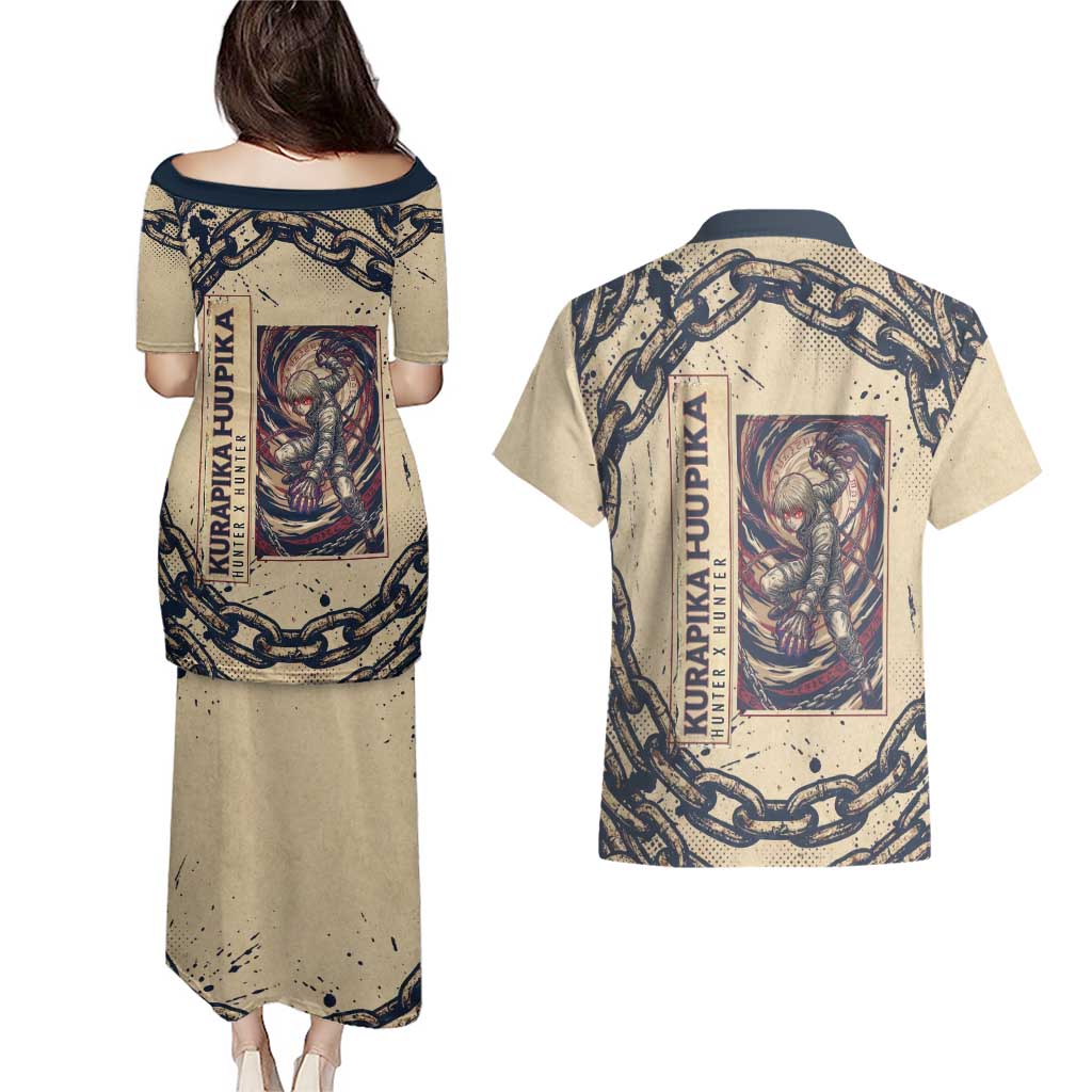 Kurapika Hunter x Hunter Chain Theme Couples Matching Puletasi and Hawaiian Shirt with Scarlet Eyes and Vintage Anime Artwork Design - The Mazicc