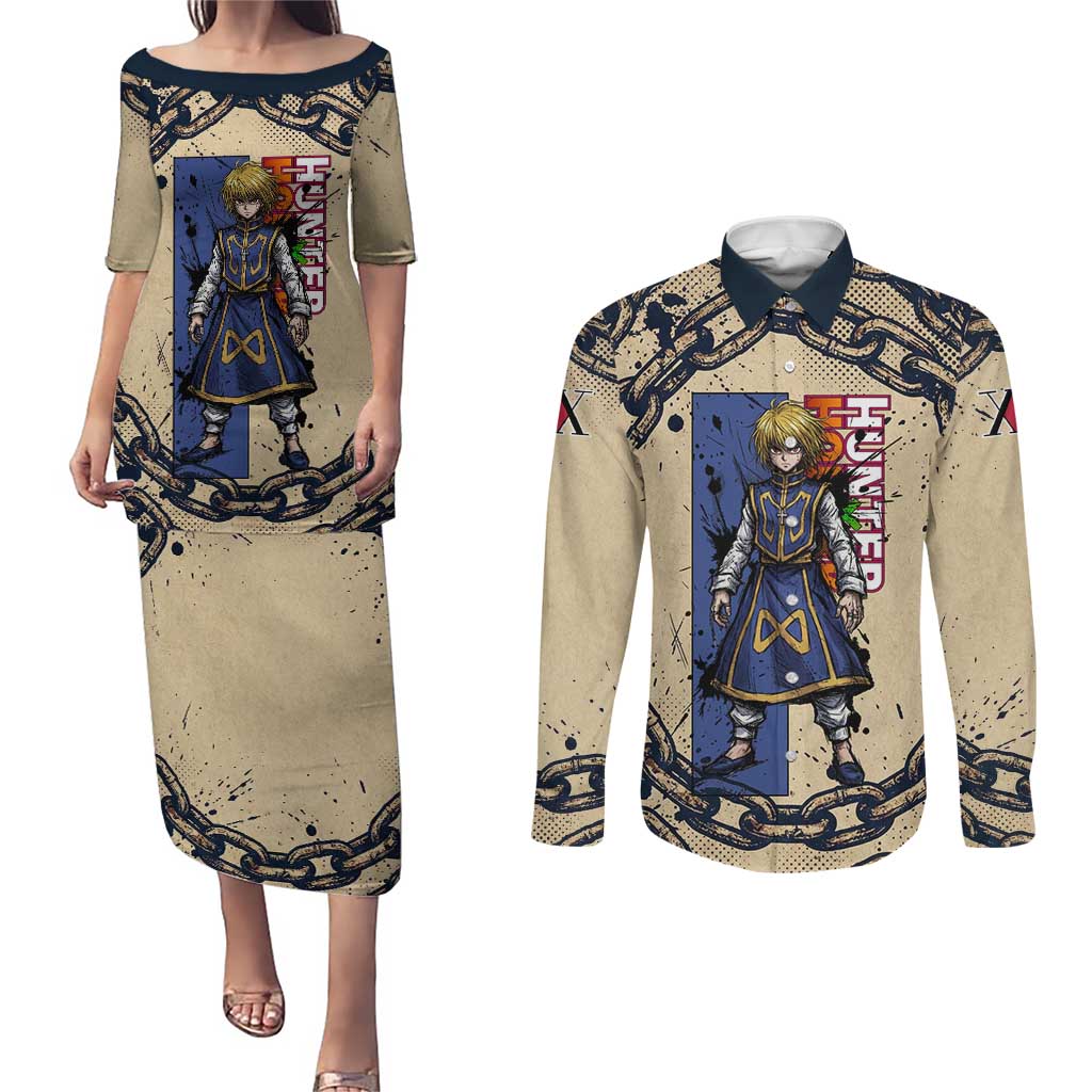 Kurapika Hunter x Hunter Chain Theme Couples Matching Puletasi and Long Sleeve Button Shirt with Scarlet Eyes and Vintage Anime Artwork Design - The Mazicc