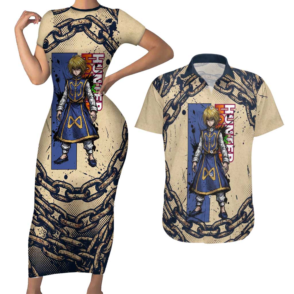Kurapika Hunter x Hunter Chain Theme Couples Matching Short Sleeve Bodycon Dress and Hawaiian Shirt with Scarlet Eyes and Vintage Anime Artwork Design - The Mazicc