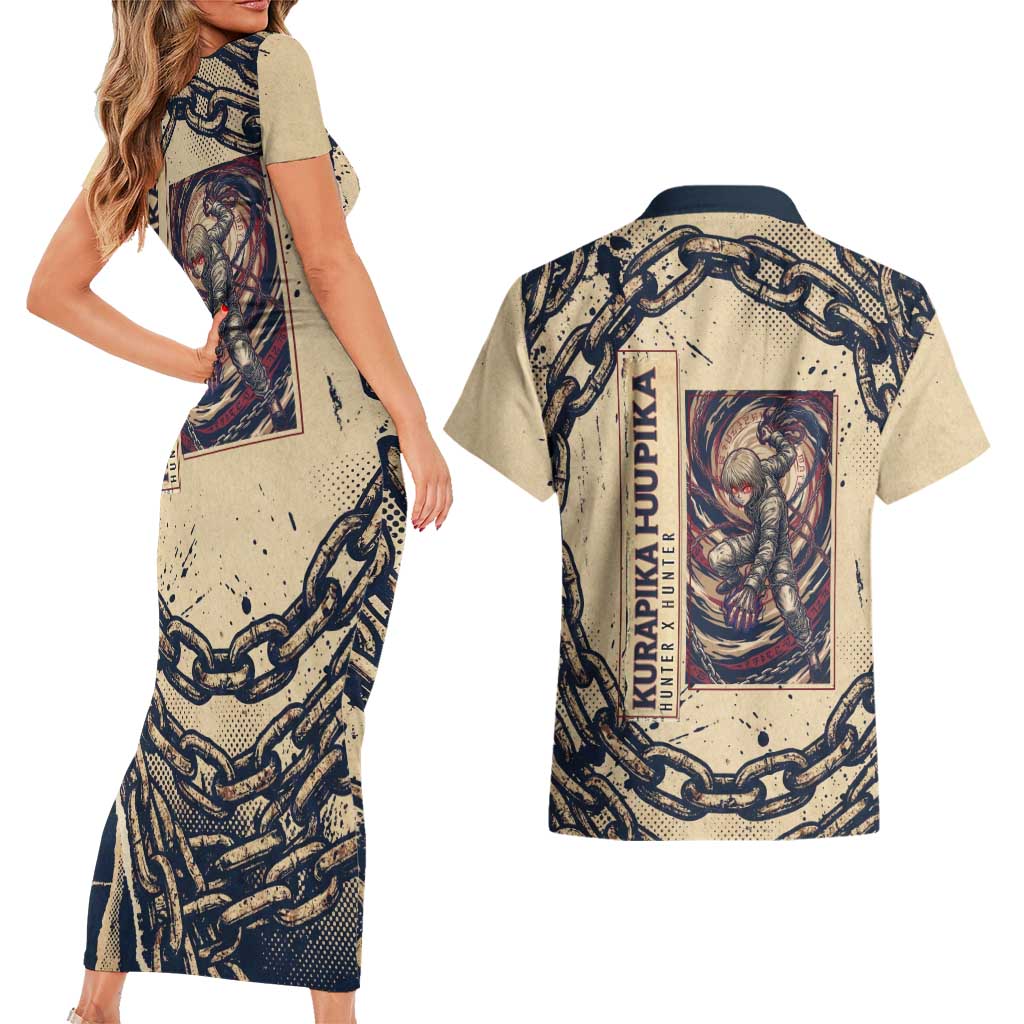 Kurapika Hunter x Hunter Chain Theme Couples Matching Short Sleeve Bodycon Dress and Hawaiian Shirt with Scarlet Eyes and Vintage Anime Artwork Design - The Mazicc