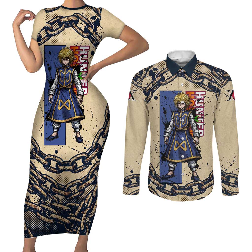 Kurapika Hunter x Hunter Chain Theme Couples Matching Short Sleeve Bodycon Dress and Long Sleeve Button Shirt with Scarlet Eyes and Vintage Anime Artwork Design - The Mazicc