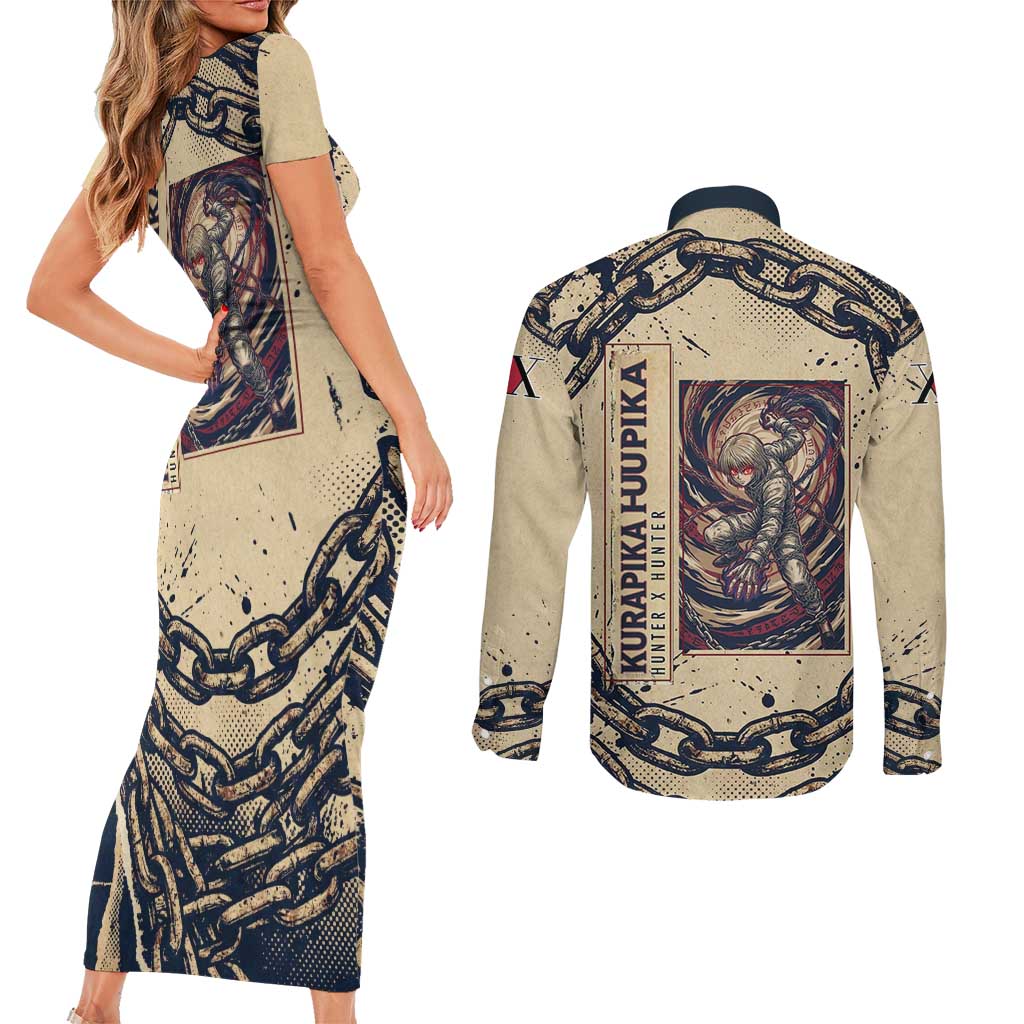 Kurapika Hunter x Hunter Chain Theme Couples Matching Short Sleeve Bodycon Dress and Long Sleeve Button Shirt with Scarlet Eyes and Vintage Anime Artwork Design - The Mazicc