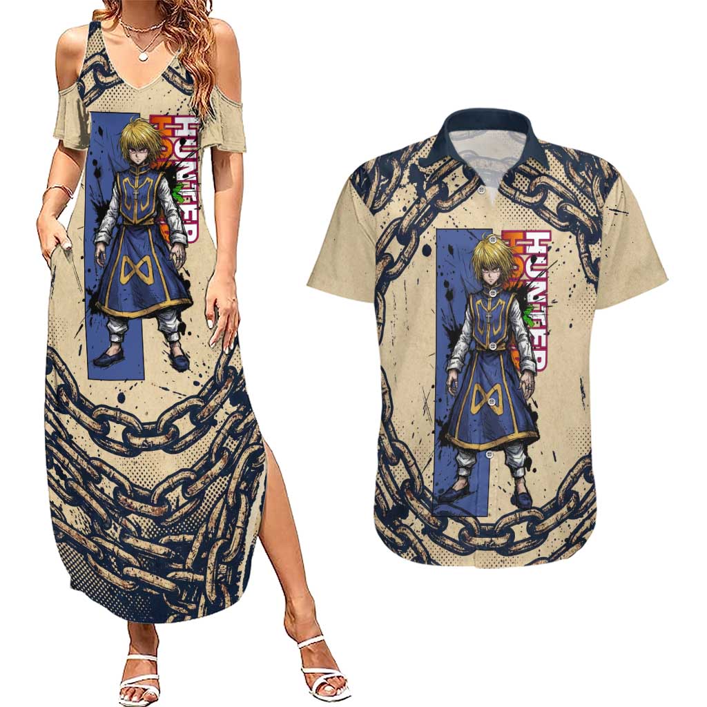 Kurapika Hunter x Hunter Chain Theme Couples Matching Summer Maxi Dress and Hawaiian Shirt with Scarlet Eyes and Vintage Anime Artwork Design - The Mazicc
