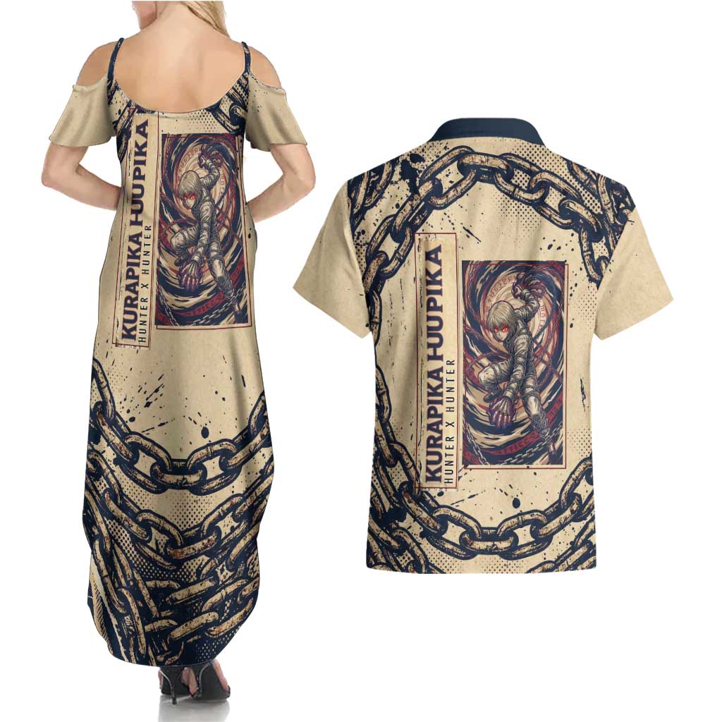 Kurapika Hunter x Hunter Chain Theme Couples Matching Summer Maxi Dress and Hawaiian Shirt with Scarlet Eyes and Vintage Anime Artwork Design - The Mazicc