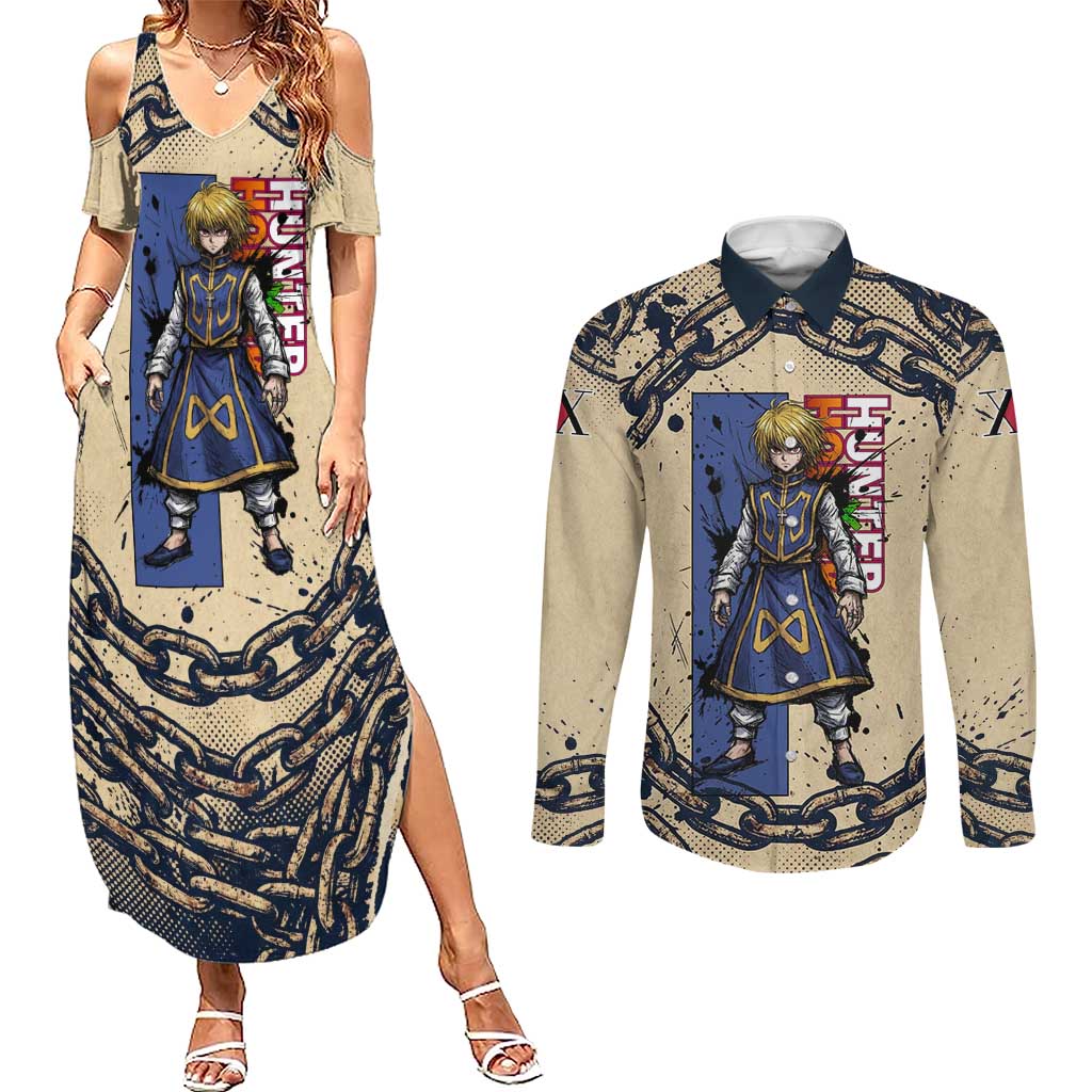 Kurapika Hunter x Hunter Chain Theme Couples Matching Summer Maxi Dress and Long Sleeve Button Shirt with Scarlet Eyes and Vintage Anime Artwork Design - The Mazicc