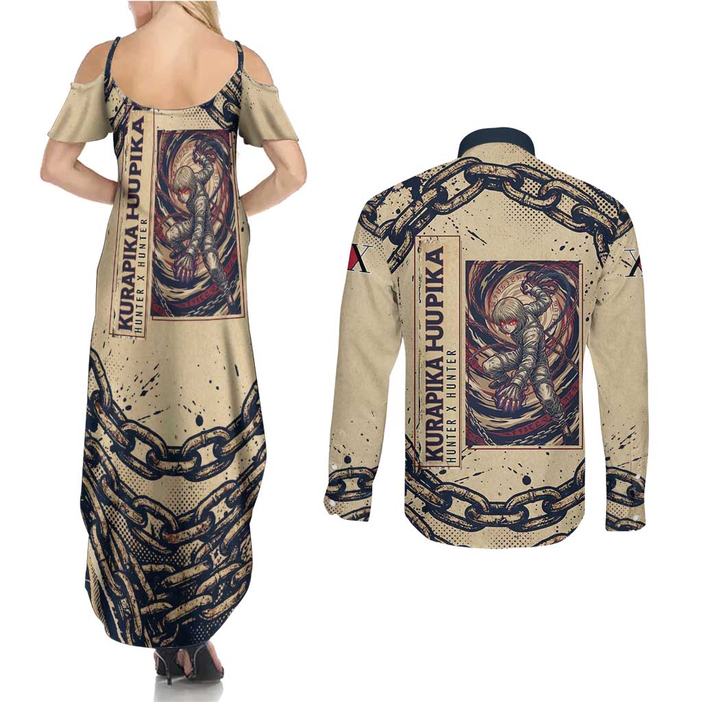 Kurapika Hunter x Hunter Chain Theme Couples Matching Summer Maxi Dress and Long Sleeve Button Shirt with Scarlet Eyes and Vintage Anime Artwork Design - The Mazicc