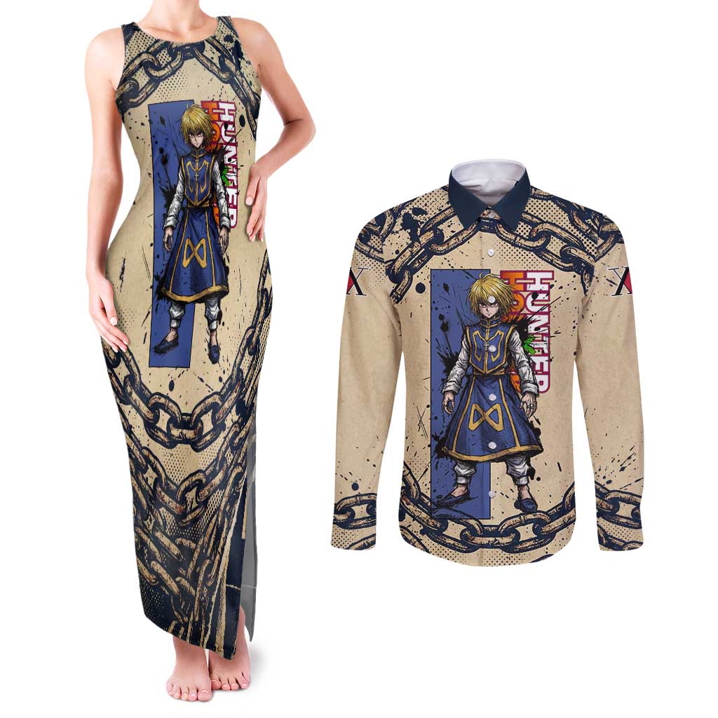 Kurapika Hunter x Hunter Chain Theme Couples Matching Tank Maxi Dress and Long Sleeve Button Shirt with Scarlet Eyes and Vintage Anime Artwork Design - The Mazicc