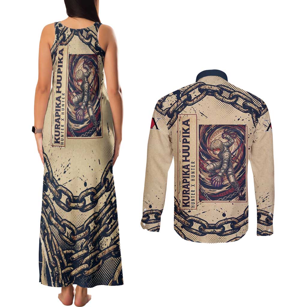 Kurapika Hunter x Hunter Chain Theme Couples Matching Tank Maxi Dress and Long Sleeve Button Shirt with Scarlet Eyes and Vintage Anime Artwork Design - The Mazicc