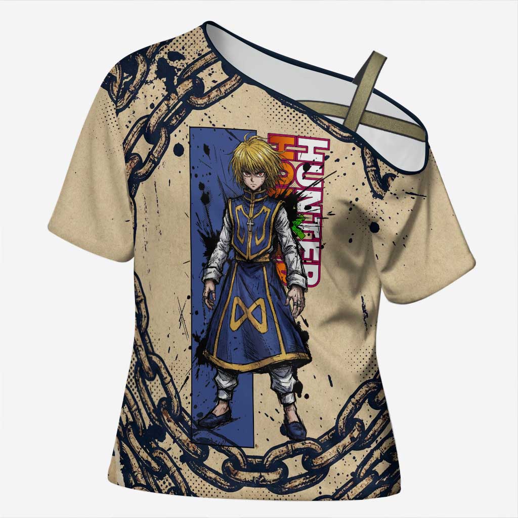 Kurapika Hunter x Hunter Chain Theme Cross Shoulder Shirt with Scarlet Eyes and Vintage Anime Artwork Design - The Mazicc