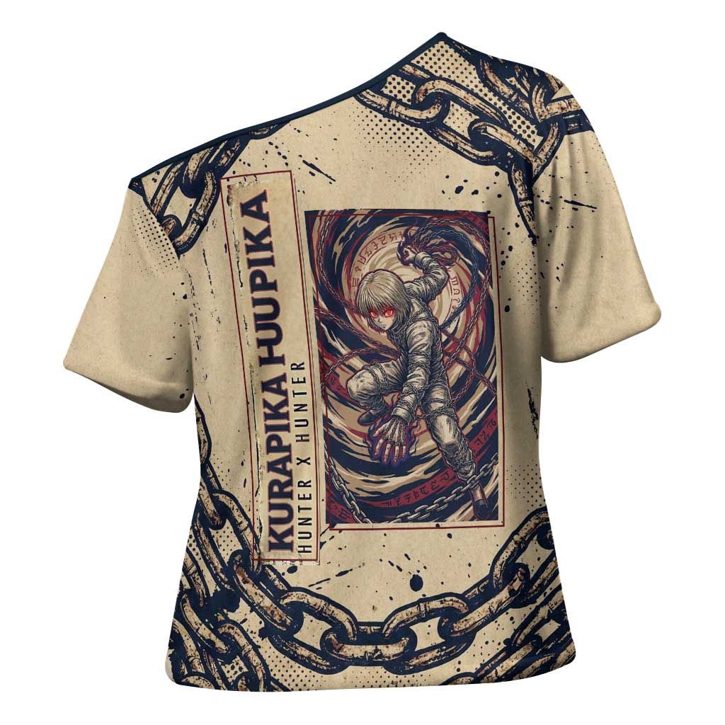 Kurapika Hunter x Hunter Chain Theme Cross Shoulder Shirt with Scarlet Eyes and Vintage Anime Artwork Design - The Mazicc
