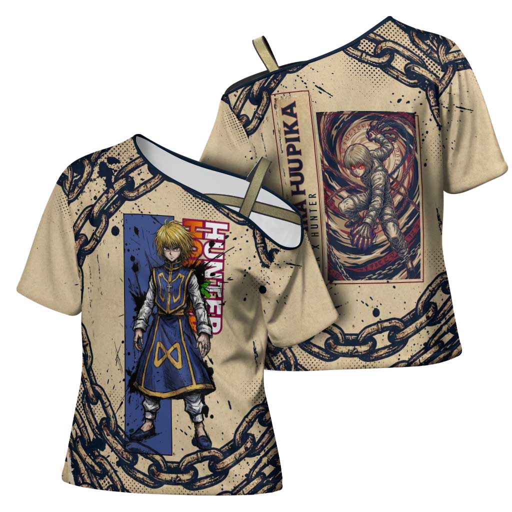 Kurapika Hunter x Hunter Chain Theme Cross Shoulder Shirt with Scarlet Eyes and Vintage Anime Artwork Design - The Mazicc