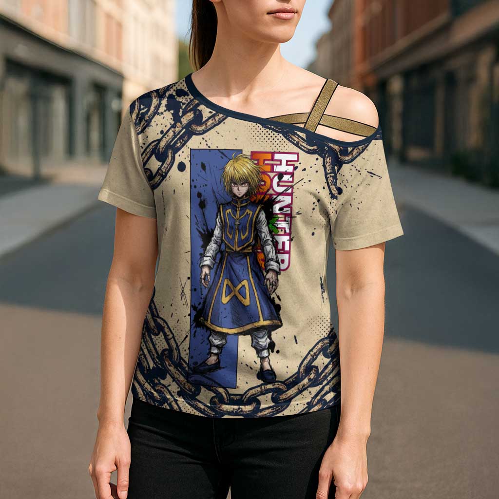 Kurapika Hunter x Hunter Chain Theme Cross Shoulder Shirt with Scarlet Eyes and Vintage Anime Artwork Design - The Mazicc