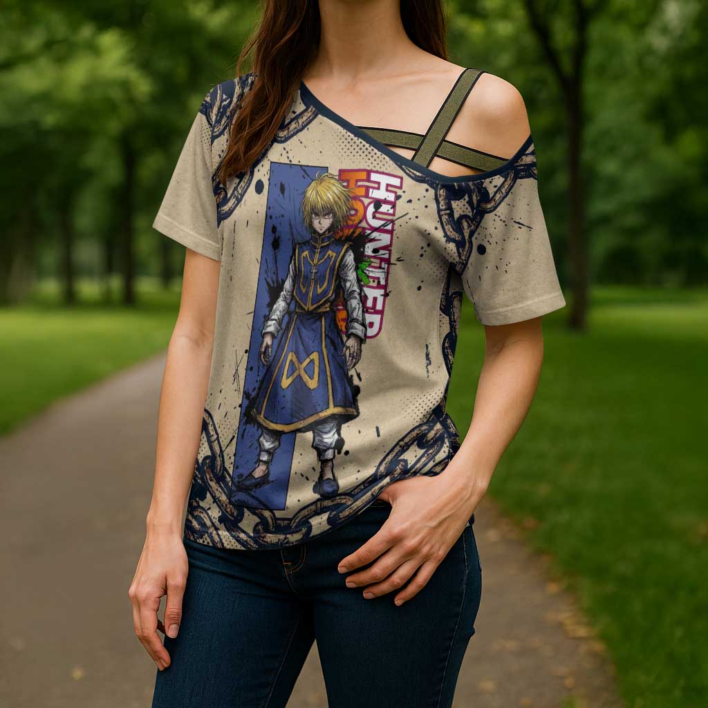 Kurapika Hunter x Hunter Chain Theme Cross Shoulder Shirt with Scarlet Eyes and Vintage Anime Artwork Design - The Mazicc