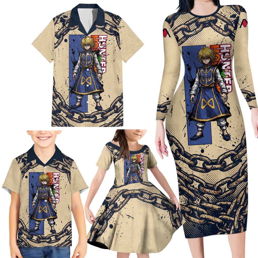Kurapika Hunter x Hunter Chain Theme Family Matching Long Sleeve Bodycon Dress and Hawaiian Shirt with Scarlet Eyes and Vintage Anime Artwork Design