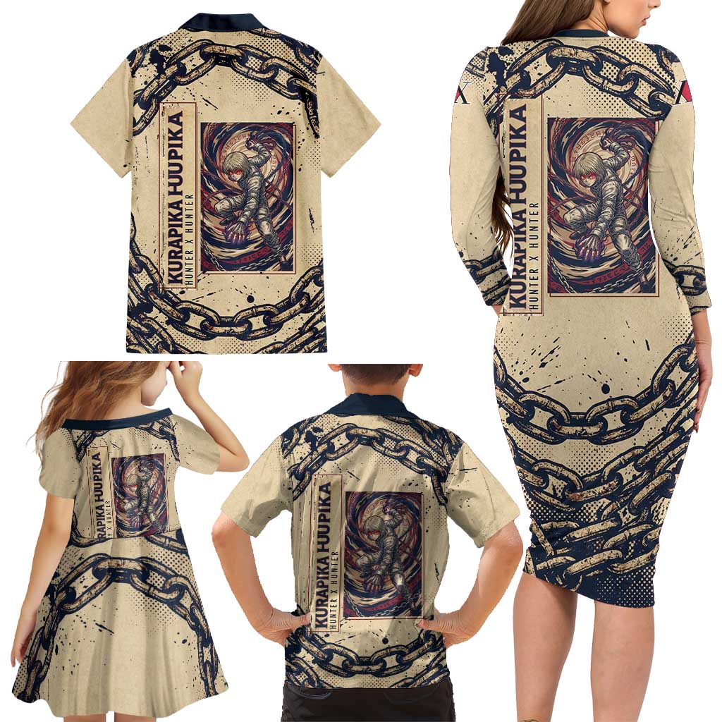 Kurapika Hunter x Hunter Chain Theme Family Matching Long Sleeve Bodycon Dress and Hawaiian Shirt with Scarlet Eyes and Vintage Anime Artwork Design
