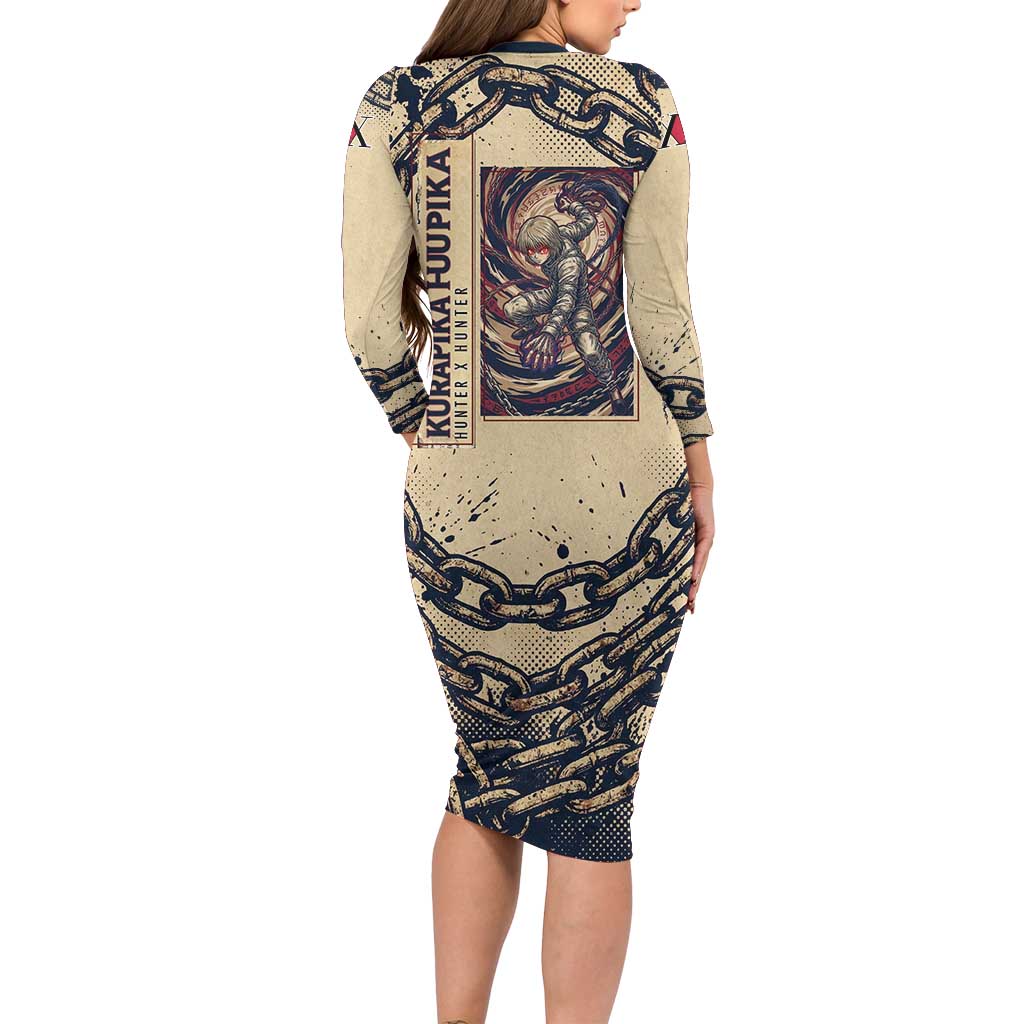 Kurapika Hunter x Hunter Chain Theme Family Matching Long Sleeve Bodycon Dress and Hawaiian Shirt with Scarlet Eyes and Vintage Anime Artwork Design