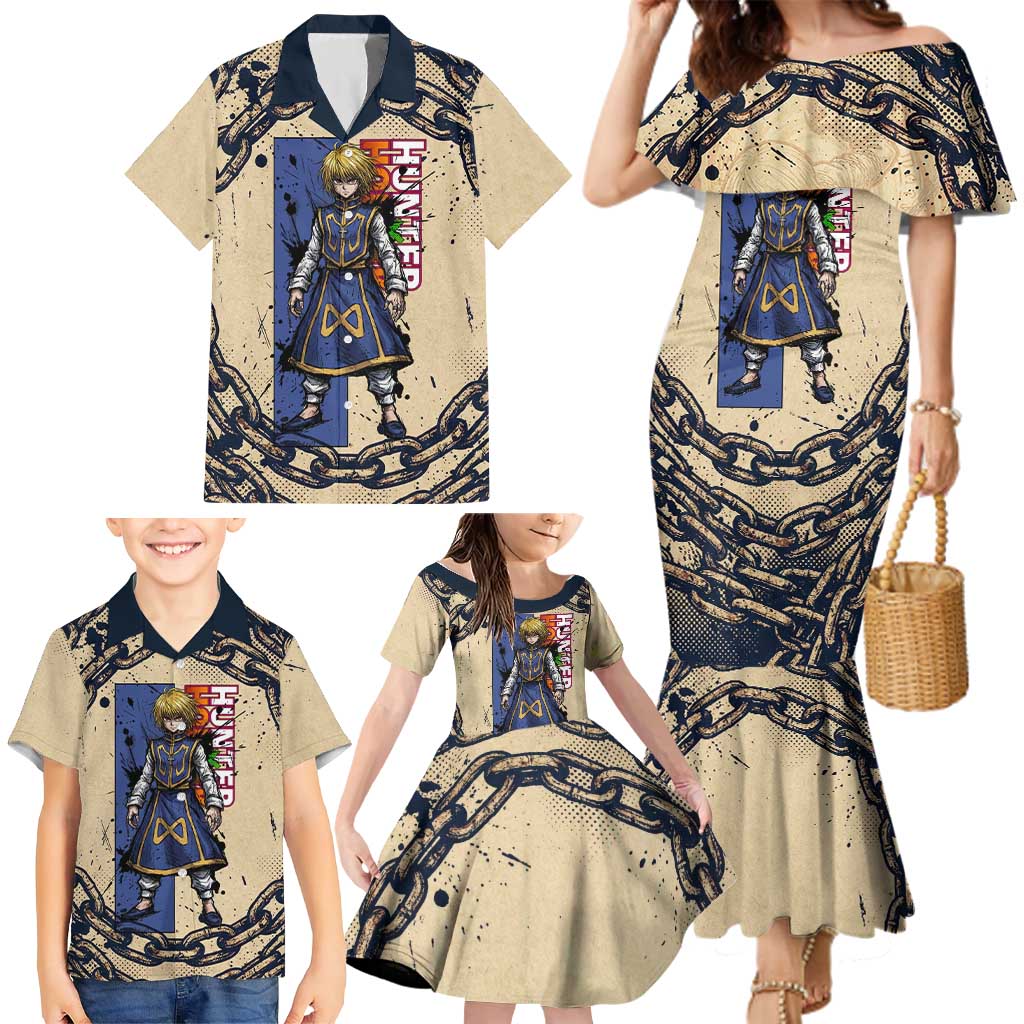 Kurapika Hunter x Hunter Chain Theme Family Matching Mermaid Dress and Hawaiian Shirt with Scarlet Eyes and Vintage Anime Artwork Design