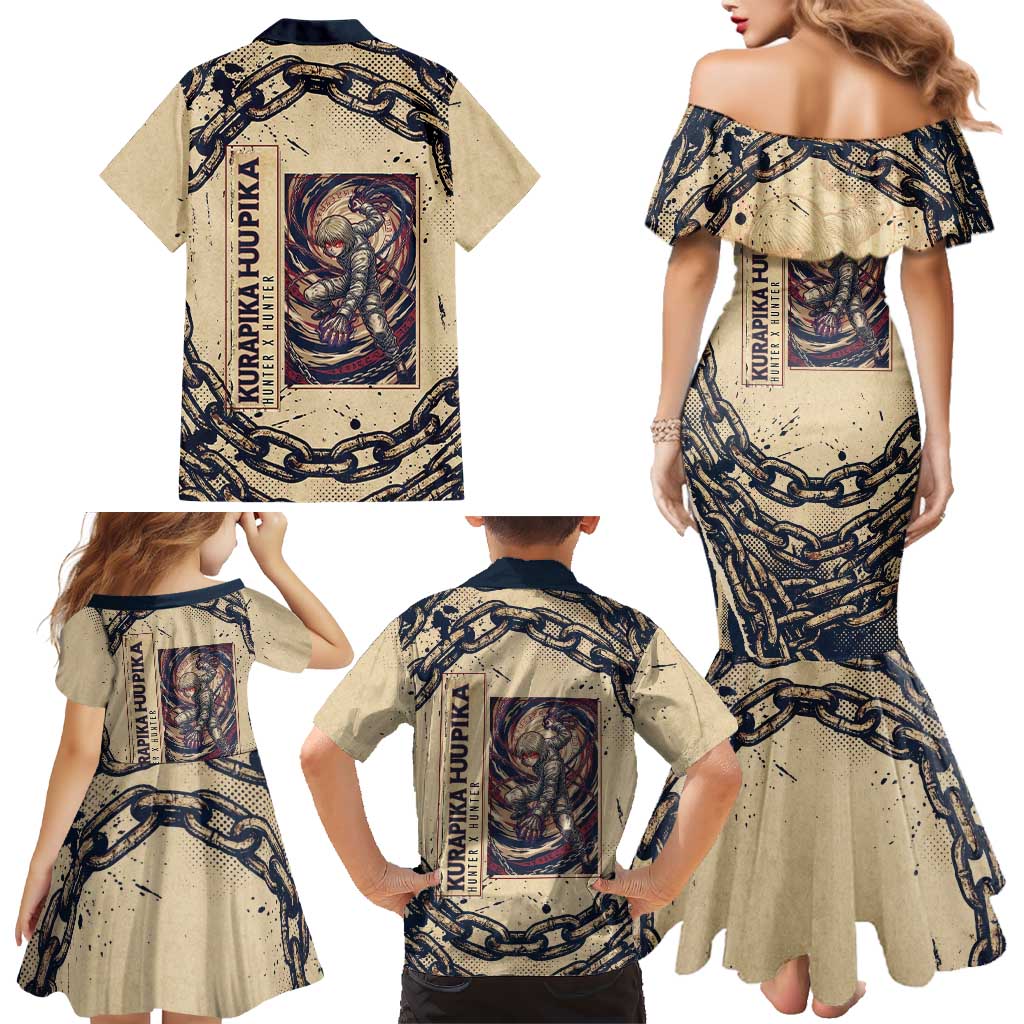 Kurapika Hunter x Hunter Chain Theme Family Matching Mermaid Dress and Hawaiian Shirt with Scarlet Eyes and Vintage Anime Artwork Design