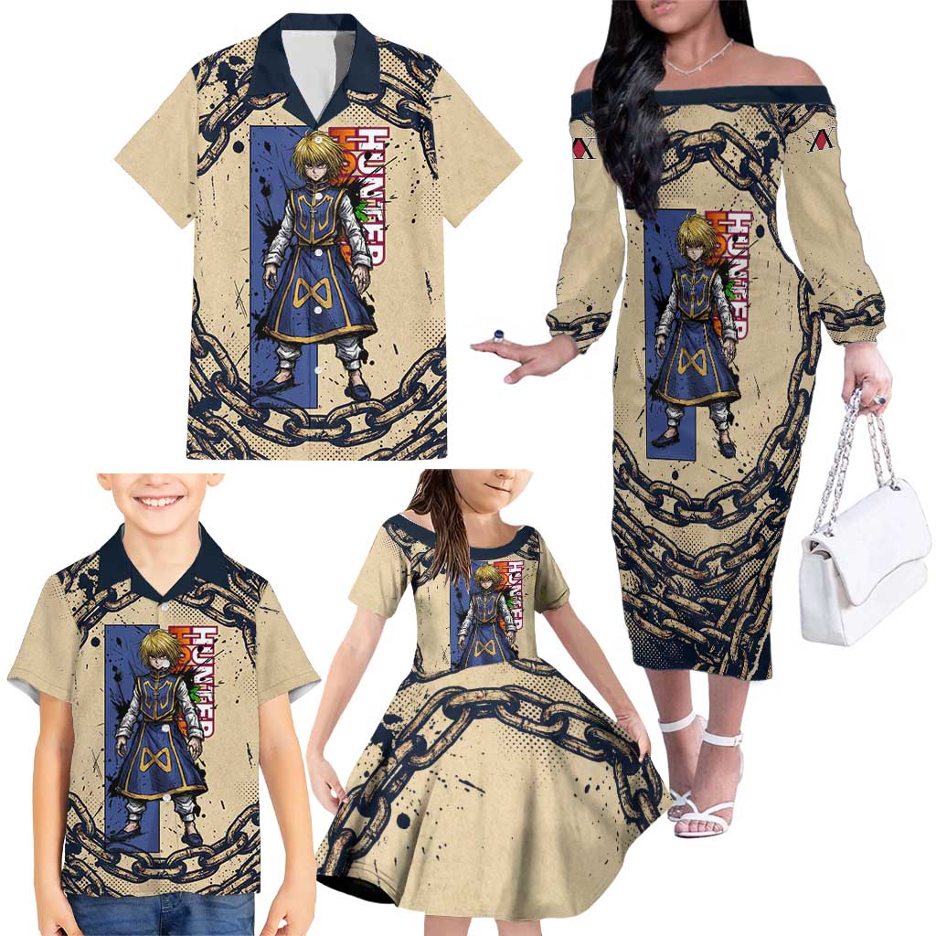 Kurapika Hunter x Hunter Chain Theme Family Matching Off The Shoulder Long Sleeve Dress and Hawaiian Shirt with Scarlet Eyes and Vintage Anime Artwork Design