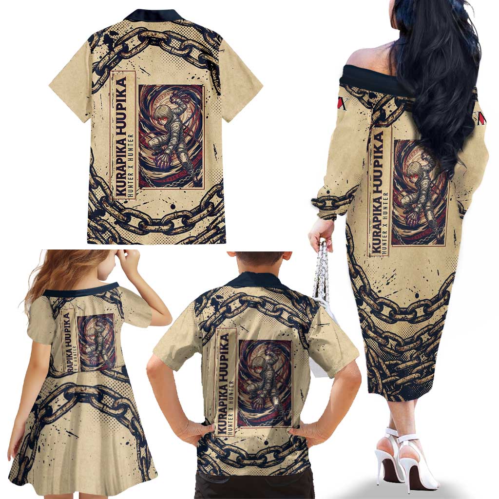 Kurapika Hunter x Hunter Chain Theme Family Matching Off The Shoulder Long Sleeve Dress and Hawaiian Shirt with Scarlet Eyes and Vintage Anime Artwork Design