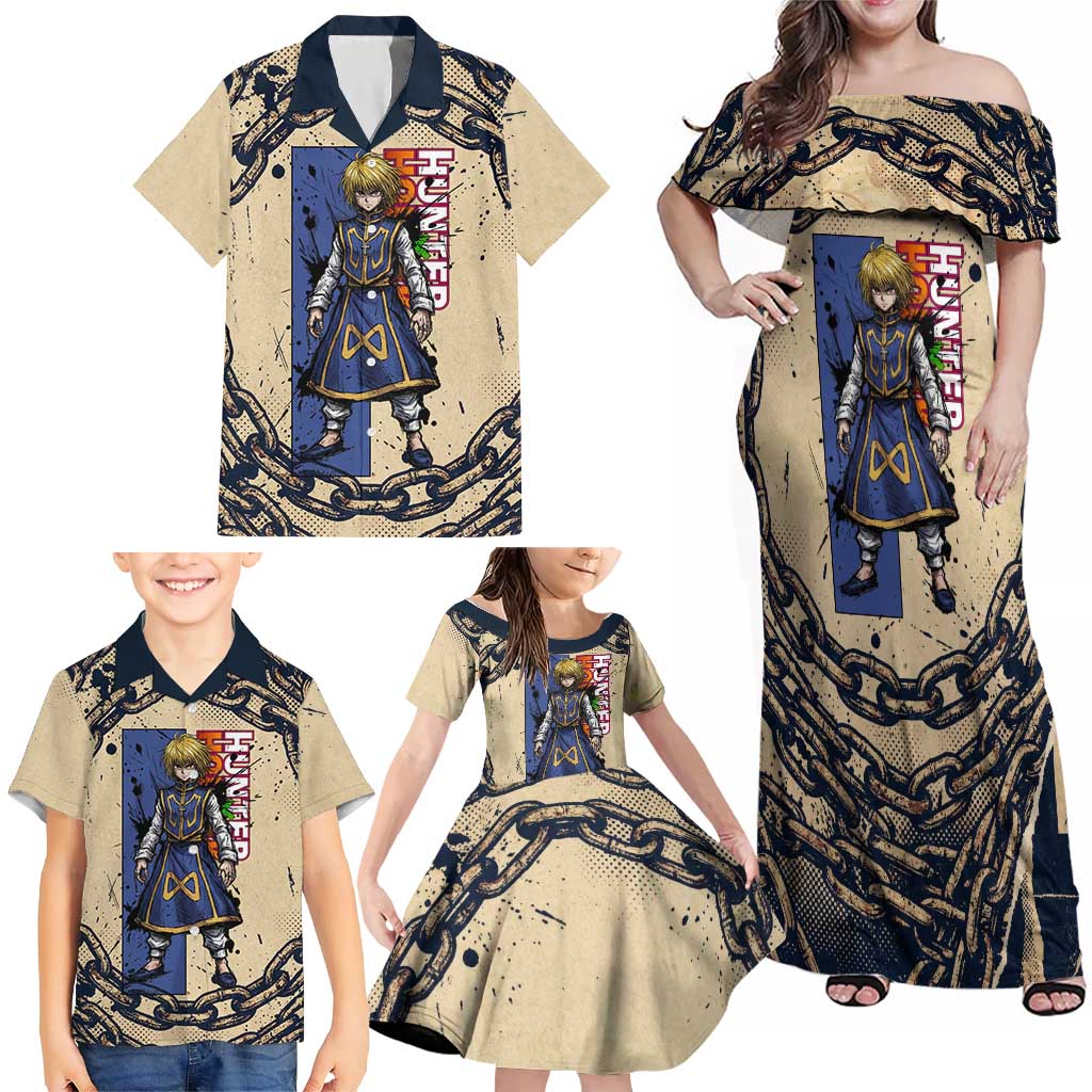 Kurapika Hunter x Hunter Chain Theme Family Matching Off Shoulder Maxi Dress and Hawaiian Shirt with Scarlet Eyes and Vintage Anime Artwork Design