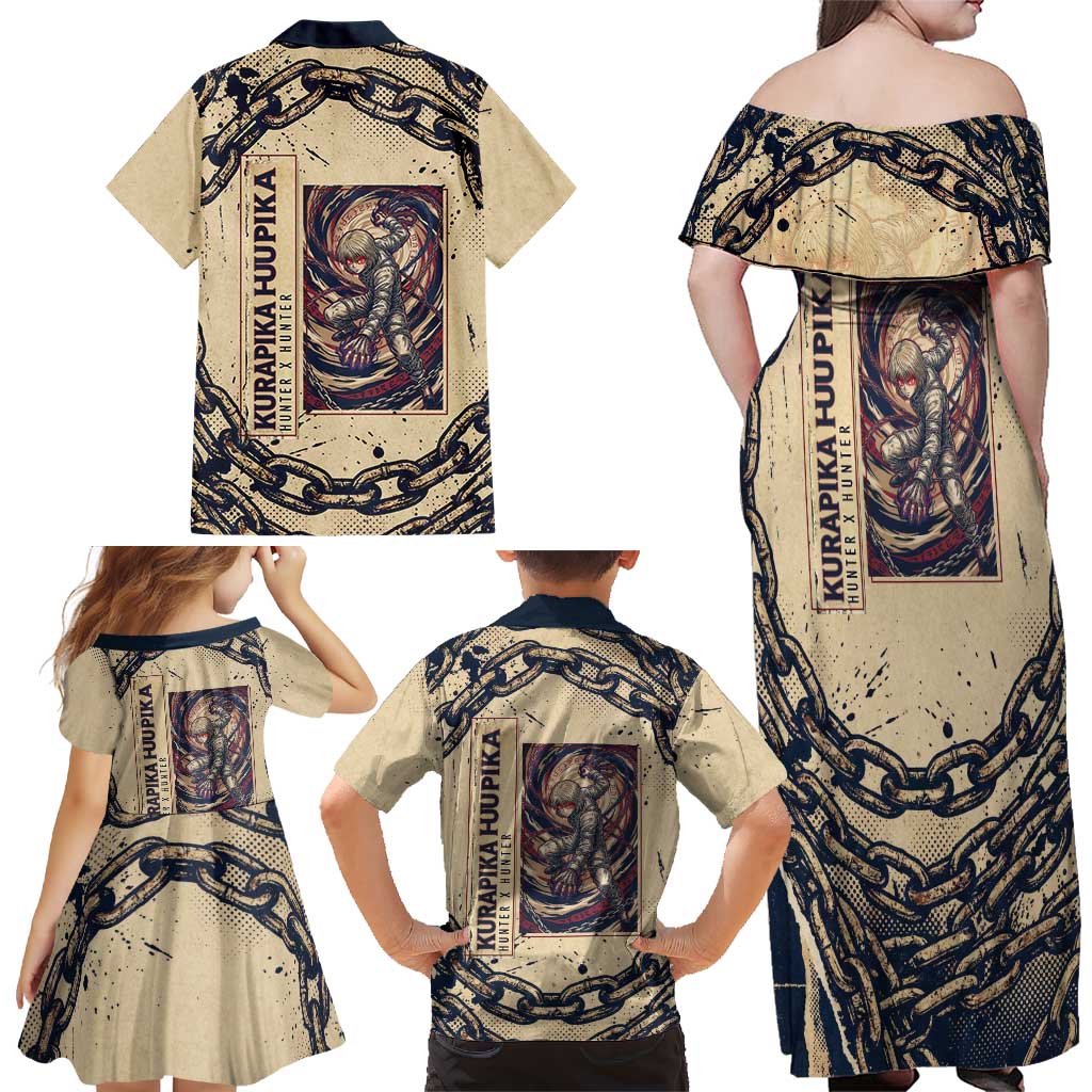 Kurapika Hunter x Hunter Chain Theme Family Matching Off Shoulder Maxi Dress and Hawaiian Shirt with Scarlet Eyes and Vintage Anime Artwork Design