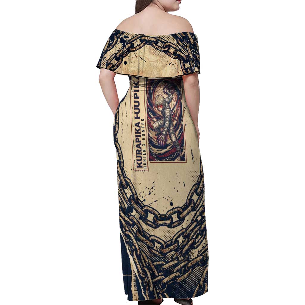 Kurapika Hunter x Hunter Chain Theme Family Matching Off Shoulder Maxi Dress and Hawaiian Shirt with Scarlet Eyes and Vintage Anime Artwork Design