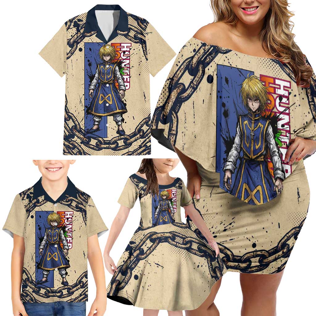 Kurapika Hunter x Hunter Chain Theme Family Matching Off Shoulder Short Dress and Hawaiian Shirt with Scarlet Eyes and Vintage Anime Artwork Design