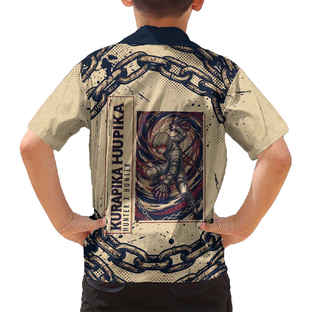 Kurapika Hunter x Hunter Chain Theme Family Matching Off Shoulder Short Dress and Hawaiian Shirt with Scarlet Eyes and Vintage Anime Artwork Design