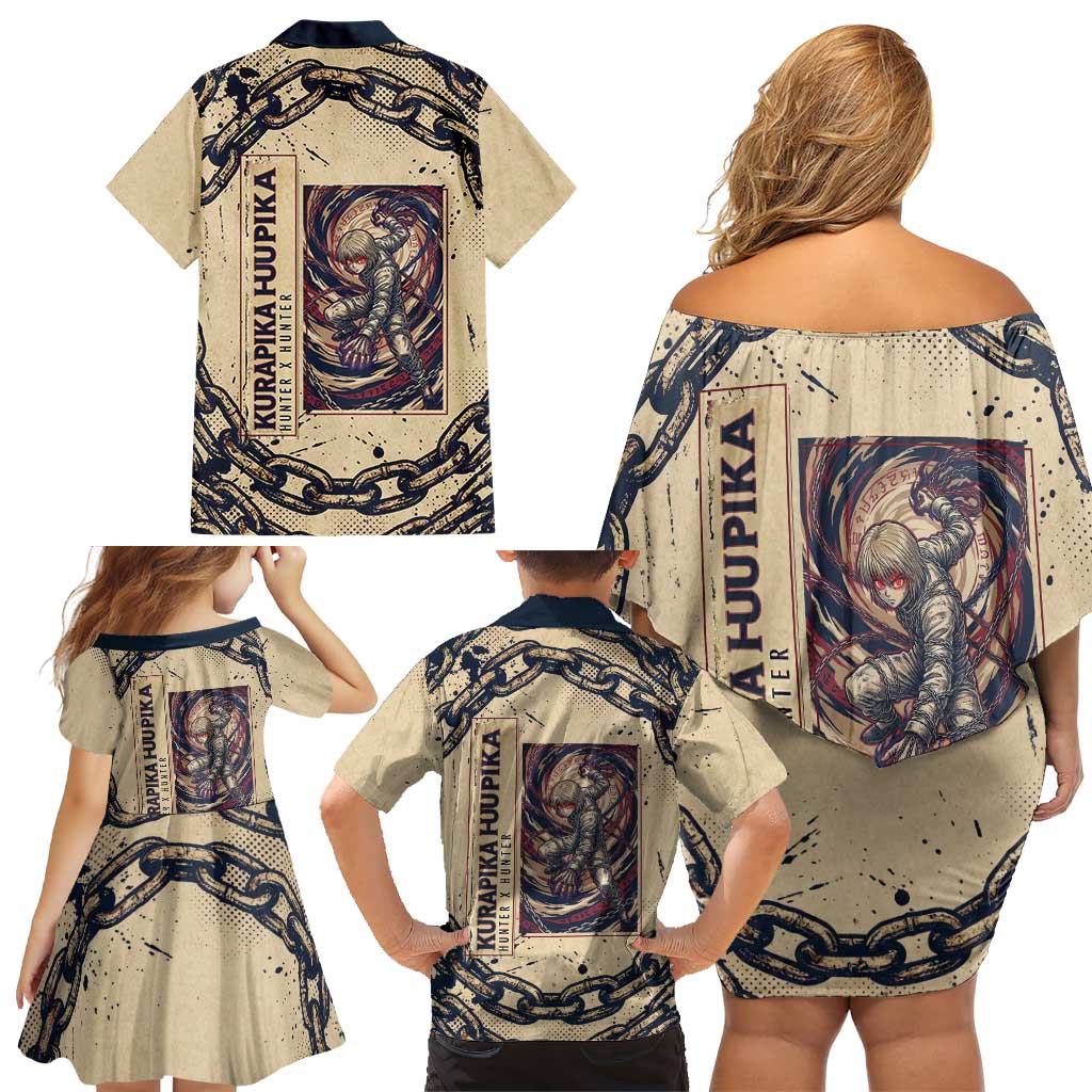 Kurapika Hunter x Hunter Chain Theme Family Matching Off Shoulder Short Dress and Hawaiian Shirt with Scarlet Eyes and Vintage Anime Artwork Design