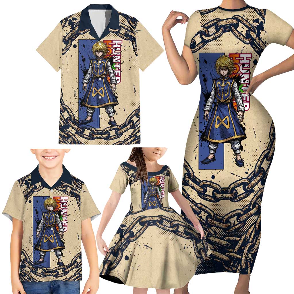 Kurapika Hunter x Hunter Chain Theme Family Matching Short Sleeve Bodycon Dress and Hawaiian Shirt with Scarlet Eyes and Vintage Anime Artwork Design