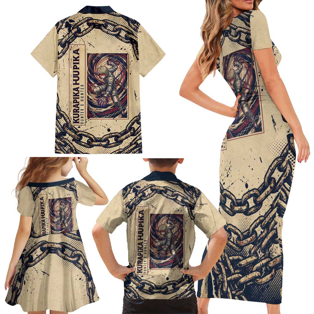 Kurapika Hunter x Hunter Chain Theme Family Matching Short Sleeve Bodycon Dress and Hawaiian Shirt with Scarlet Eyes and Vintage Anime Artwork Design
