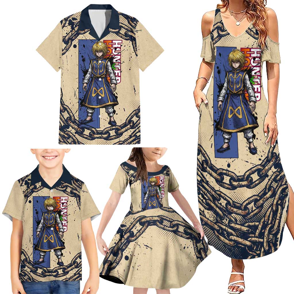 Kurapika Hunter x Hunter Chain Theme Family Matching Summer Maxi Dress and Hawaiian Shirt with Scarlet Eyes and Vintage Anime Artwork Design