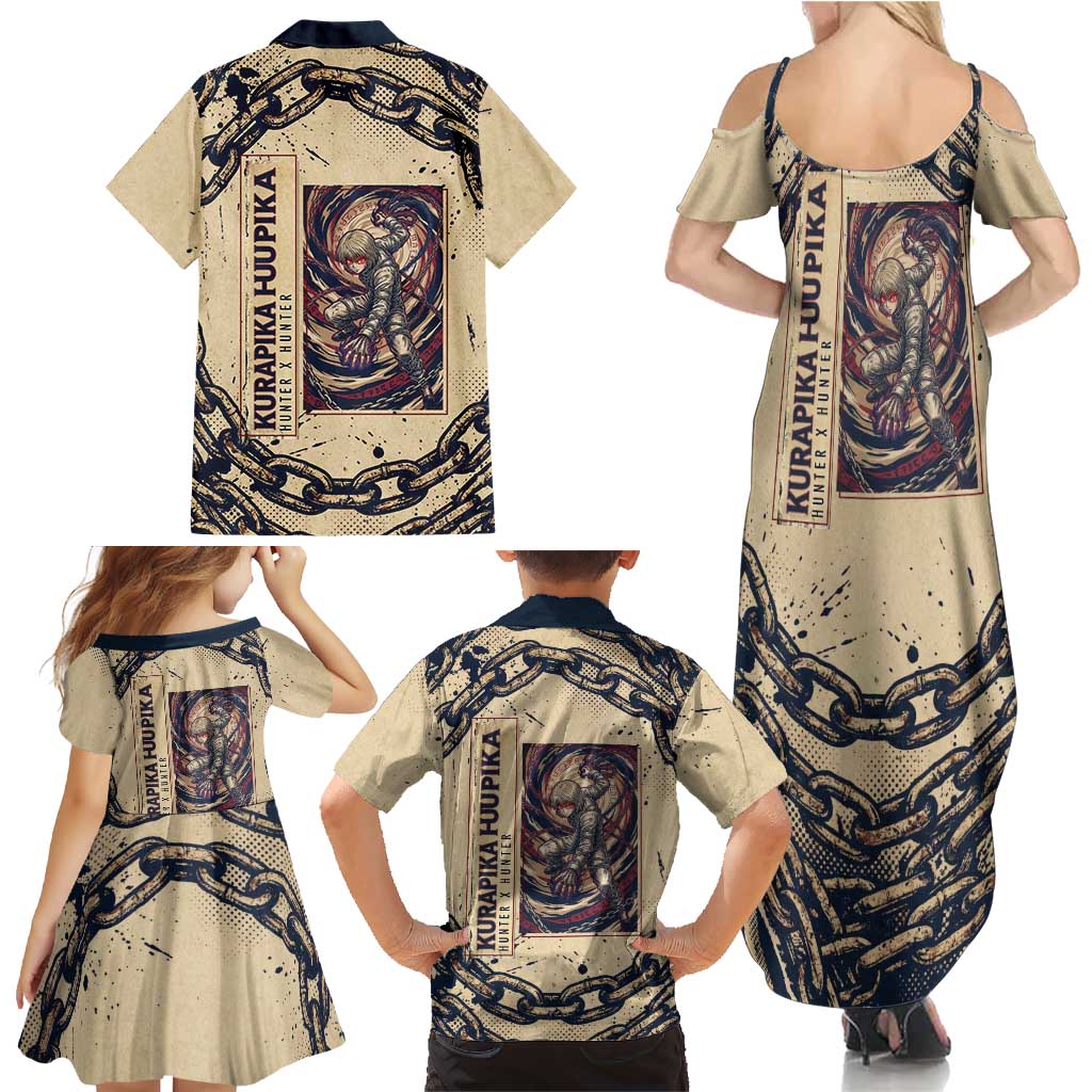 Kurapika Hunter x Hunter Chain Theme Family Matching Summer Maxi Dress and Hawaiian Shirt with Scarlet Eyes and Vintage Anime Artwork Design