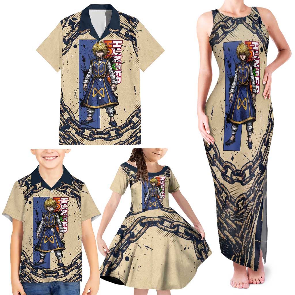 Kurapika Hunter x Hunter Chain Theme Family Matching Tank Maxi Dress and Hawaiian Shirt with Scarlet Eyes and Vintage Anime Artwork Design
