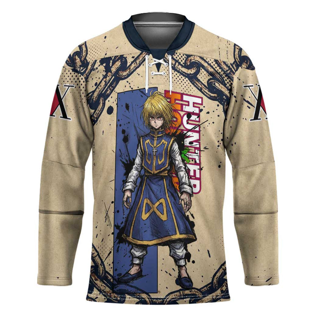 Kurapika Hunter x Hunter Chain Theme Hockey Jersey with Scarlet Eyes and Vintage Anime Artwork Design - The Mazicc