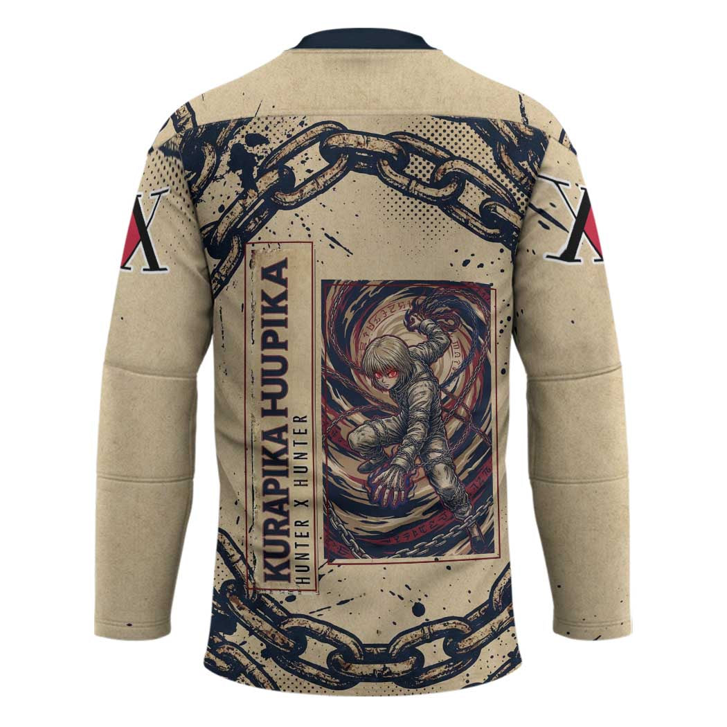 Kurapika Hunter x Hunter Chain Theme Hockey Jersey with Scarlet Eyes and Vintage Anime Artwork Design - The Mazicc