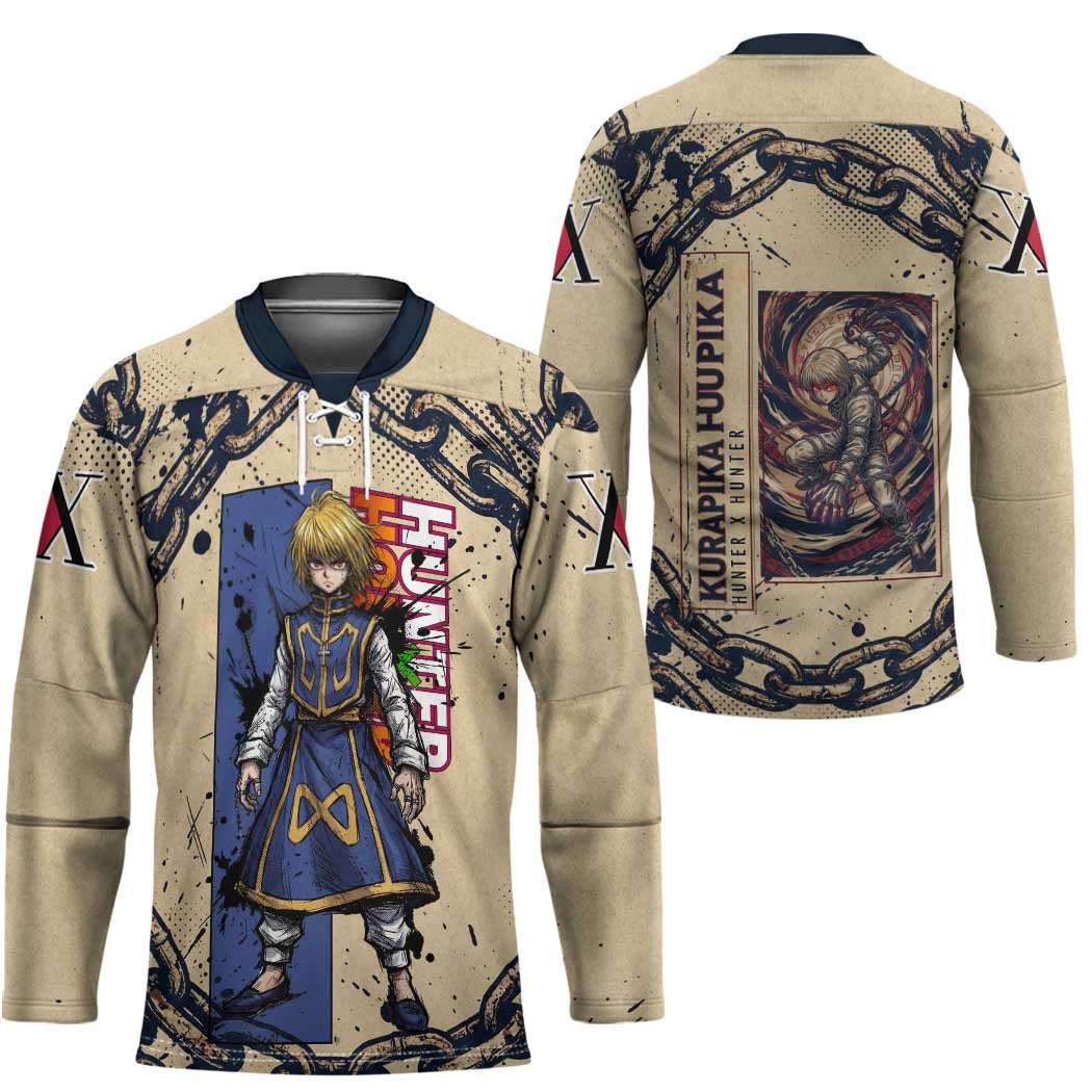Kurapika Hunter x Hunter Chain Theme Hockey Jersey with Scarlet Eyes and Vintage Anime Artwork Design - The Mazicc