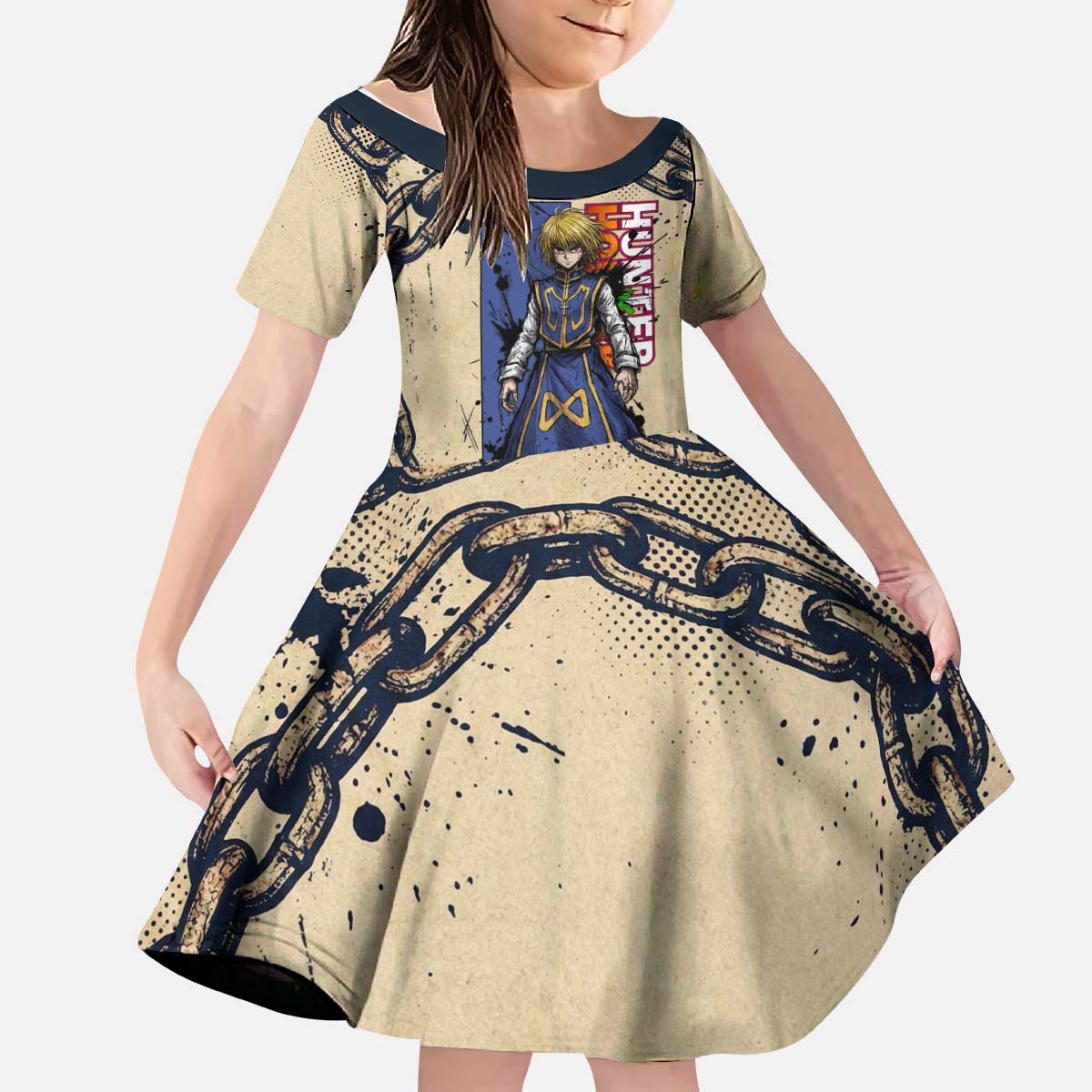 Kurapika Hunter x Hunter Chain Theme Kid Short Sleeve Dress with Scarlet Eyes and Vintage Anime Artwork Design - The Mazicc