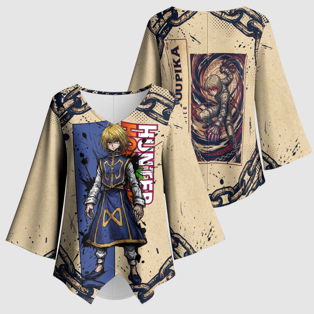 Kurapika Hunter x Hunter Chain Theme Kimono Sleeve Blouse with Scarlet Eyes and Vintage Anime Artwork Design - The Mazicc