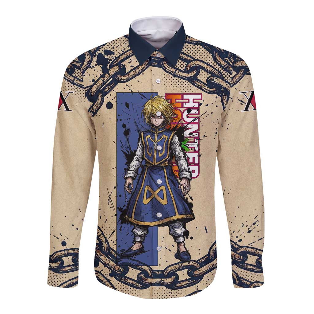 Kurapika Hunter x Hunter Chain Theme Long Sleeve Button Shirt with Scarlet Eyes and Vintage Anime Artwork Design - The Mazicc