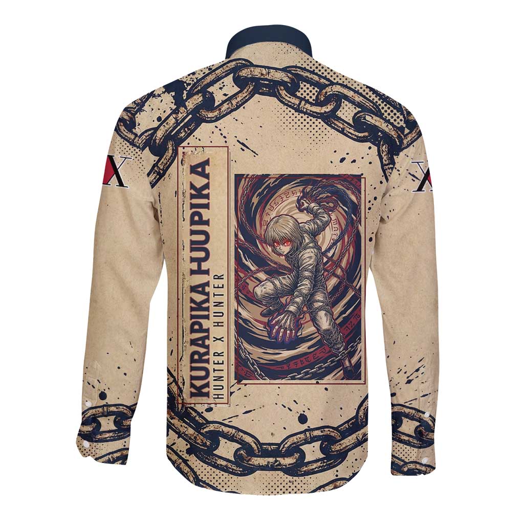 Kurapika Hunter x Hunter Chain Theme Long Sleeve Button Shirt with Scarlet Eyes and Vintage Anime Artwork Design - The Mazicc