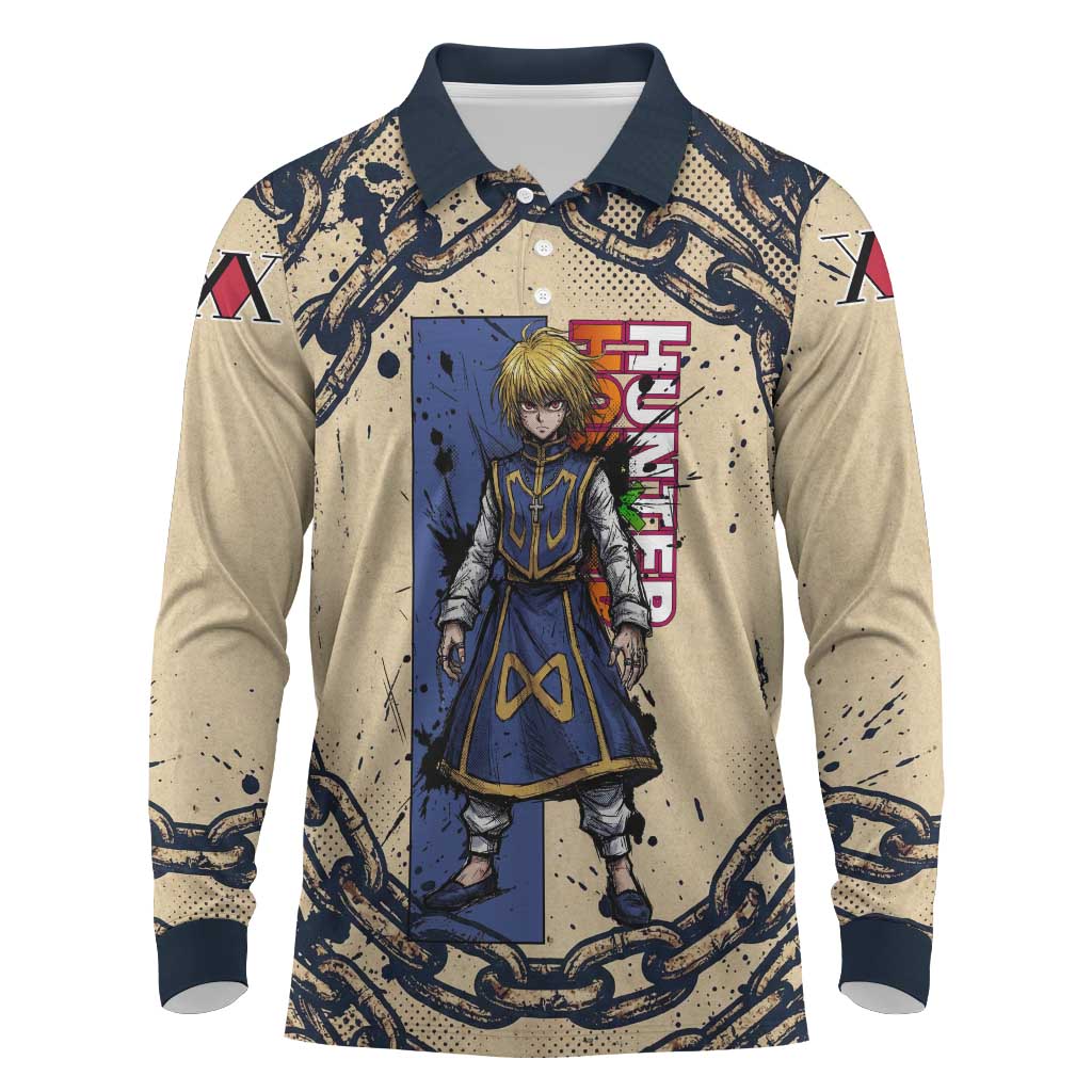 Kurapika Hunter x Hunter Chain Theme Long Sleeve Polo Shirt with Scarlet Eyes and Vintage Anime Artwork Design - The Mazicc