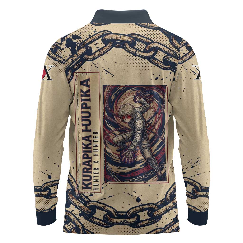 Kurapika Hunter x Hunter Chain Theme Long Sleeve Polo Shirt with Scarlet Eyes and Vintage Anime Artwork Design - The Mazicc
